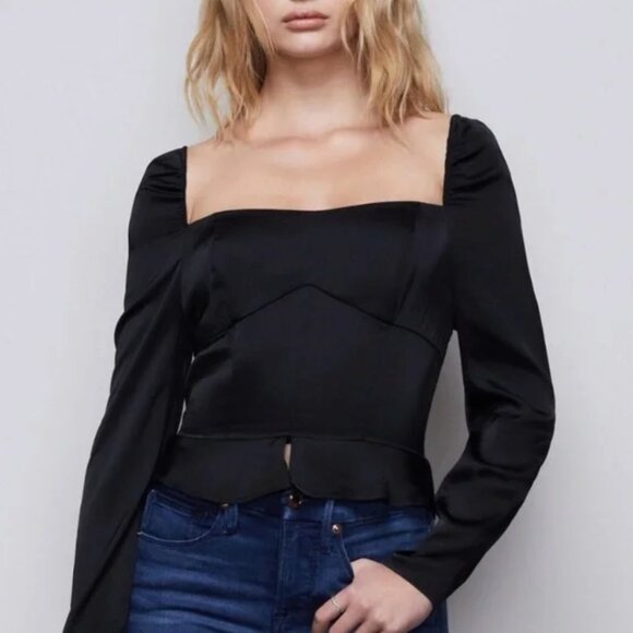 GOOD AMERICAN Too Tempted Satin Corset Blouse Top Sweetheart Neck Black Sz XS - Picture 2 of 13